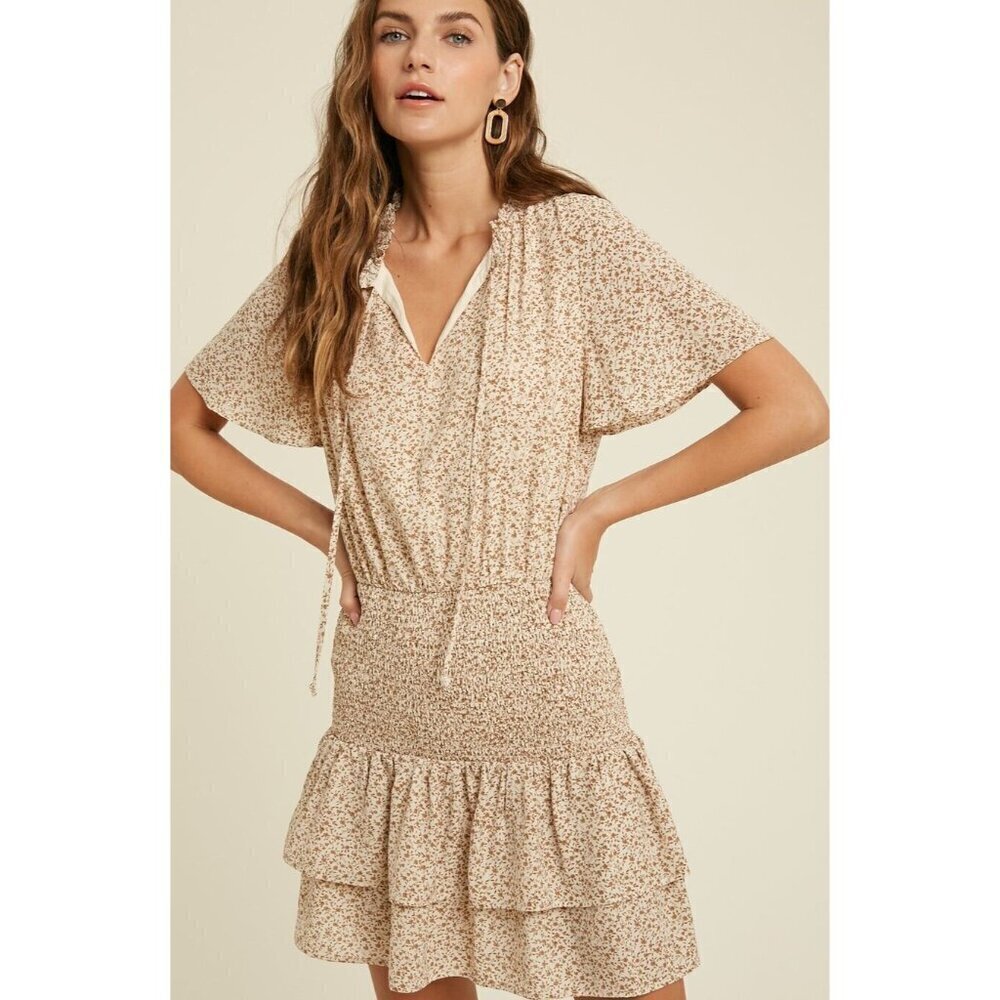 Wishlist Charlotte Cream Smocked Waist Ruffle Floral Mini Dress Size M - Picture 1 of 8